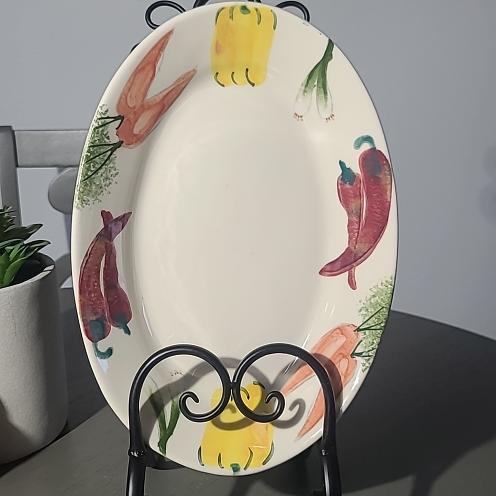 vintage Hartstone Pottery oval serving platter hand-painted With 3 Pepper Crocks - Picture 9 of 12
